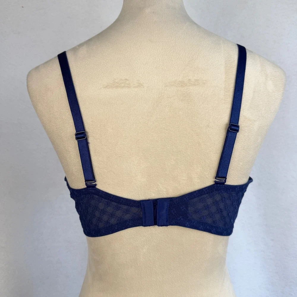 Victorias Secret Lined Perfect Coverage‎ Bra 38C Navy Blue Aqua Floral Lace